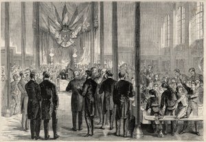 De keizerlijke prins Eugène Louis Joseph (1856-1879) woont het banket van de Saint Charlemagne bij in Parijs, op het Lycée Bonaparte (toen Lycée Condorcet). Gravure in 