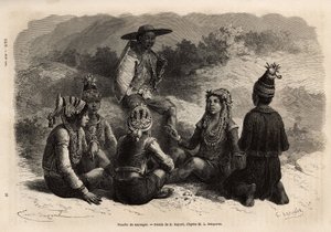 De inheemse bevolking van Xieng Hong (Laos), gekleed in traditionele kostuums, over hun jas, een fluwelen borststuk met versieringen, met een rok of korte broek compleet met een kleine versierde pet. Gravure ter illustratie van de ontdekkingsreis in Indoch