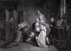 Het laatste gesprek van Lodewijk XVI met zijn familie (Marie Antoinette en Lodewijk XVII). Gravure uit de 19e eeuw