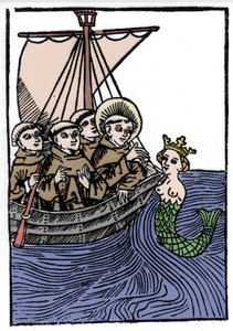 De legende van Sint Brendan (Brandan), held en Ierse heilige uit de 6e eeuw. De ontmoeting van Sint Brendan met de Sirene. Gravure uit 