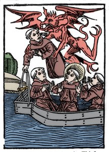 De legende van Sint Brendan (Brandan), held en Ierse heilige uit de 6e eeuw. De duivel neemt de diefmonnik mee. Gravure uit 