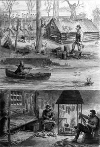 Het leven van trappers (beroepsjagers) in Canada: bovenaan staat een van de trappers bij zijn hut, onderaan werken ze leer en halen ze de vacht van de huid van de bevers. Gravure uit de 19e eeuw
