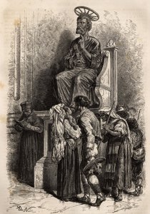 De onderste voet van het bronzen standbeeld van St. Peter, een object van verering voor de katholieke pelgrims die de Sint-Pietersbasiliek in het Vaticaan binnengaan. Gravure ter illustratie van het verhaal van Ludovic Celler: la semaine sainte à Rome, en  door Unknown artist