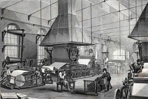 De machineruimte van een papierfabriek. Gravure door Unknown artist