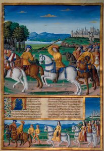 De waanzin van Karel VI (1368 - 1422). Op 5 augustus 1392, in het bos van Le Mans, begon hij aanvallen van woeste waanzin te ervaren: schreeuwend om verraad, viel hij zijn eigen troep aan en doodde vier mensen. Kronieken van Enguerrand de Monstrelet door Unknown artist