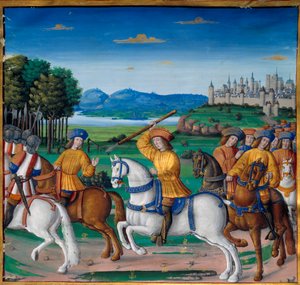 De waanzin van Karel VI (1368 - 1422). Op 5 augustus 1392, in het bos van Le Mans, begon hij aanvallen van woeste waanzin te ervaren: schreeuwend om verraad, viel hij zijn eigen troep aan en doodde vier mensen. Kronieken van Enguerrand de Monstrelet door Unknown artist