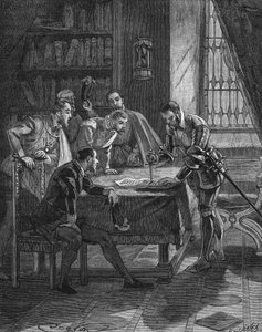 De maarschalk van Vieilleville plant zijn dolk in een patent waarmee de koning van Frankrijk Hendrik II (1519-1559) hem en de vijf heren in de kamer het recht gaf op de confiscatie van alle woekeraars en lutheranen van Guienne, Limousin, Quercy en S