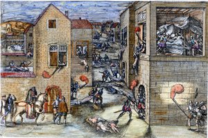 Het bloedbad van Sint-Bartholomeüs (1572). Gravure uit de 17e eeuw. door Unknown artist