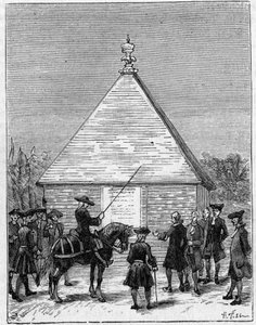 De meting van de graad van Ecuador in de 18e eeuw: piramide van Carabourou, Peru, opgericht door La Condamine in 1736. Gravure in 