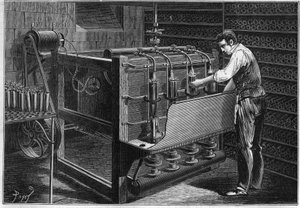 De mechanische installatie van M. Marguery, restaurateur, in Parijs: automatische flessenwasmachine, weergegeven als bediend door een kleine dynamo-elektrische machine van Gram (Zenobe Theophile Gram 1826-1901). Gravure in 