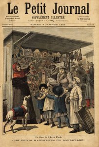 De kooplieden en hun boulevarddisplays op de dag van het jaar in Parijs. Gravure in Le petit journal 2/01/1892. Selva