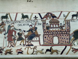 De boodschappers van de koning van Normandië Willem de Veroveraar (1027-1087) informeerden hem dat Harold, die uit Engeland kwam namens koning Edward de Belijder van Engeland, gevangen was genomen door graaf Guy de Ponthieu (detail) door Unknown artist