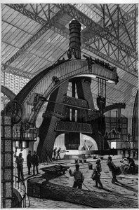 De metaalindustrie: de smederij. De Creusot stoomhamer zoals geïnstalleerd in de fabrieken van Schneider en Compagnie. Gravure in "La Nature" door Unknown artist