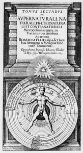 De microkosmos en de macrokosmos - Allegorische voorstelling van de positie van de mens in het universum (Vitruviaanse man) door Unknown artist