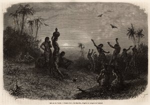 Het maanlichtbal, dat de 18-jarige jubileumceremonie en het huwelijk van een jonge Indiaan uit Rio Verde (Brazilië) afsluit. Gravure ter illustratie van de reis naar Nieuw-Granada, door Dr. Saffray, in 1869, gepubliceerd in 