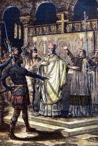 De moord op St. Thomas Becket in de kathedraal van Canterbury, 29 december 1170, door ridders van het hof van koning Hendrik II
