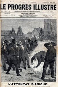De moordenaar Clement Decoux is het slachtoffer van zijn poging tot aanslag op Emile Vuillemin (1822-?), directeur van de mijnen van Aniche, die op 4 augustus 1895 zijn vijftigjarig jubileum viert aan het hoofd van de kolenproductie - gravure in 
