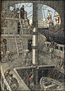 De navigator Christopher Columbus (1451-1506) aan boord van zijn karveel. door Unknown artist