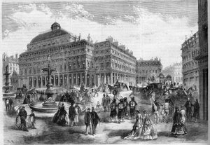 De nieuwe plaats van het Franse theater (Comedie Francaise) met de fonteinen geprojecteerd bij het Palais Royal (Palais Royal) in Parijs. Gravure in 