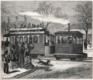 De nieuwe stoomtrams in Parijs in 1876 rijden op de lijn van Saint-Germain-des-Prés bij de poort van Chatillon, gravure Bianchetti collectie.
