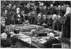 De eed van de Engelse afgevaardigde Charles Bradlaugh (1833-1891) aan het Lagerhuis op 21 februari 1882, een militant voor atheïsme, hij weigerde de traditionele religieuze eed af te leggen die nodig was om zijn zetel in het parlement te bezetten. Hij vert