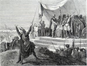 De eed van de twee broers voor hun wapenrusting: Karel II de Kale en Lodewijk II de Duitser zweren de eed tegen Lotharius I (Eden van Straatsburg 842). Gravure van de 19e eeuw.