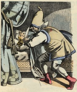 De reus hakt het hoofd van zijn zeven dochters af, denkend dat hij Klein Duimpje en zijn broers doodt (illustratie van het sprookje 