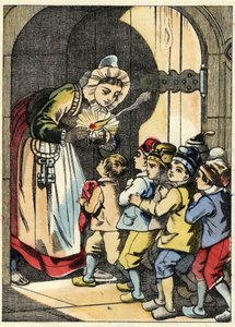 De vrouw van de reus opent de deur voor Klein Duimpje en zijn broers (illustratie van het sprookje 