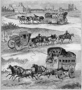 De oude reiswagen, de reiswagen uit de 17e eeuw, de reiswagen uit de 18e eeuw en de diligence voor de spoorwegen. Gravure in 