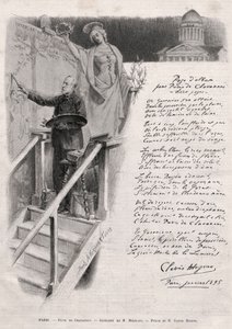 De schilder Puvis de Chavannes (1824-1898) bezig met schilderen - allegorie door M. Merwart met een gedicht van Clovis Hugues