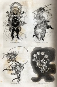 Het pantheon van Japanse godheden: traditionele weergave van enkele typische figuren: de patroon van het paardrijden; Marisiten, de god van de oorlog; Futen, de god van de winden; Raiden, de god van de donder. Gravure ter illustratie van de reis naar Japan door Unknown artist
