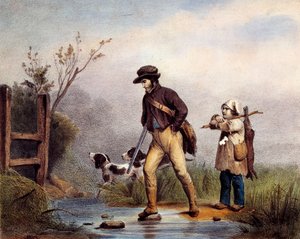 De doorgang heeft jagers die een waterloop te voet oversteken. Lithografie van de 19e eeuw Gien, jachtmuseum door Unknown artist
