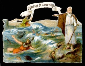De doortocht door de Rode Zee (Mozes) - Chromolithografie uit de 19e eeuw