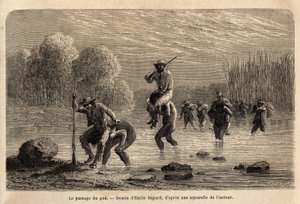 De doorgang van de gue, de Siriniris-indianen, stellen spontaan voor om de leden van de expeditie op hun schouders te dragen, om hen over de vijvers te laten oversteken die zich aan de voet van de berg Basiri (Peru) hebben gevormd. Gravure ter illustratie 