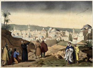 De pelgrims arriveren in de stad Jeruzalem. Anonieme gravure uit het midden van de 19e eeuw - in “Groot Catechismus van Families”.