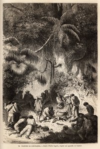 De voorbereiding van een maaltijd in het ongerepte bos in de Caravaya-vallei (Andes cordilliere), een boa constrictor met korte bouillon. Gravure ter illustratie van de reis in de valleien van Quinquinas (Peru), door Paul Marcoy, in 1849-1861, gepubliceerd