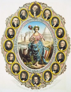 De presidenten van de Verenigde Staten met het symbool van Amerika in het midden. Boven, Washington en onder Abraham Lincoln. Poster gepubliceerd bij de inauguratie van Lincolns presidentschap in 1861 door Unknown artist