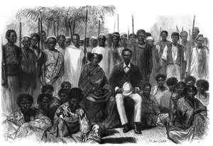 De koningin van de Sakalaves, Anarina en haar man van Howa-afkomst, kwamen onder de bescherming van Frankrijk tijdens de expeditie van Madagaskar. Gravure in “Le Monde Illustré”