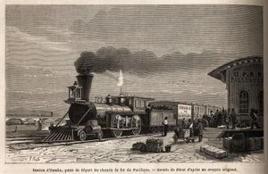 Het spoorwegstation Omaha (Nebraska), het startpunt van de lijnen naar de Stille Oceaan. Gravure ter illustratie van de reis naar het verre westen van Amerika, door M. L. Simonin, in 1867, gepubliceerd in 