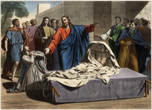 De opstanding van de zoon van de weduwe van Naim: Jezus Christus wekt de enige zoon van de weduwe op. Gravure uit het midden van de 19e eeuw. door Unknown artist