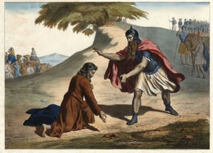 De terugkeer van Jacob en zijn ontmoeting met Esau - Jacob keert terug naar Kanaän met zijn vrouwen en kinderen: hij ontmoet zijn broer Esau. Gravure uit de helft van de 19e eeuw door Unknown artist