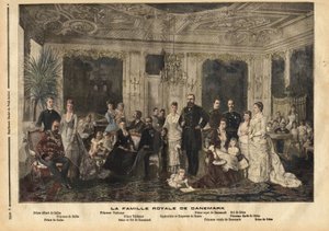 De koninklijke familie van Denemarken, zittend in het midden, koningin Louise van Hessen-Kassel (1817-1898) en koning Christian IX van Denemarken (1818-1906) bijgenaamd 