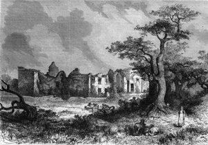 De ruïnes van het Chateau de la Mailleraye nabij Parthenay, departement Deux-Sèvres van de regio Poitou-Charentes. Gravure in 