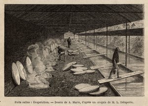 De zoutbronnen van Ho-Boung, de open galerijen aan de bergzijde, 20 meter diep, worden ondersteund door houten frames, het water wordt door bamboebuizen naar marmeren troggen gebracht, elk overeenkomend met een oven, waar zout water wordt geconcentreerd vo door Unknown artist