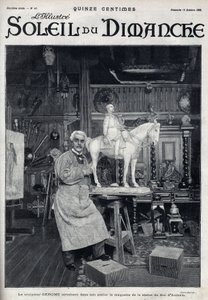 De beeldhouwer Jean Léon (Jean-Léon) Gérôme (1824-1904) voltooit in zijn atelier het model van het standbeeld van de hertog van Aumale - Gravure in 