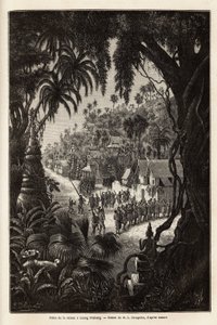 De seizoensvieringen in Luang Prabang, koninklijke hoofdstad van Lan Xang (koninkrijk van de miljoen olifanten) (hedendaags Laos), bestaande uit een processie van de inwoners en een pagode van aanbidding door de stad. Gravure ter illustratie van een ontdek door Unknown artist