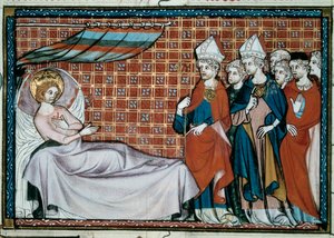 De zieke koning van Frankrijk Saint Louis (Louis IX) (1214-1270) spreekt zijn familie en de geestelijkheid toe. Miniatuur uit een manuscript 
