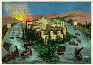 Het beleg van Parijs in 845 door de Vikingen met Ragnar Lodbrok aan hun hoofd