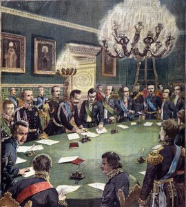 De ondertekening door Karel Albert, Koning van Sardinië, van het Basisstatuut van de Monarchie van Savoye op 07/02/1848, dat op 4 maart 1848 werd aangenomen, bekend als het Albertijnse Statuut of Statuto Albertino. door Unknown artist