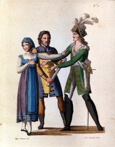 De zangers Savino Monelli (Bertrando), Teresa Bellog (Isabella) en Filippo Galli (Tarabotto) in de opera semi-seria 
